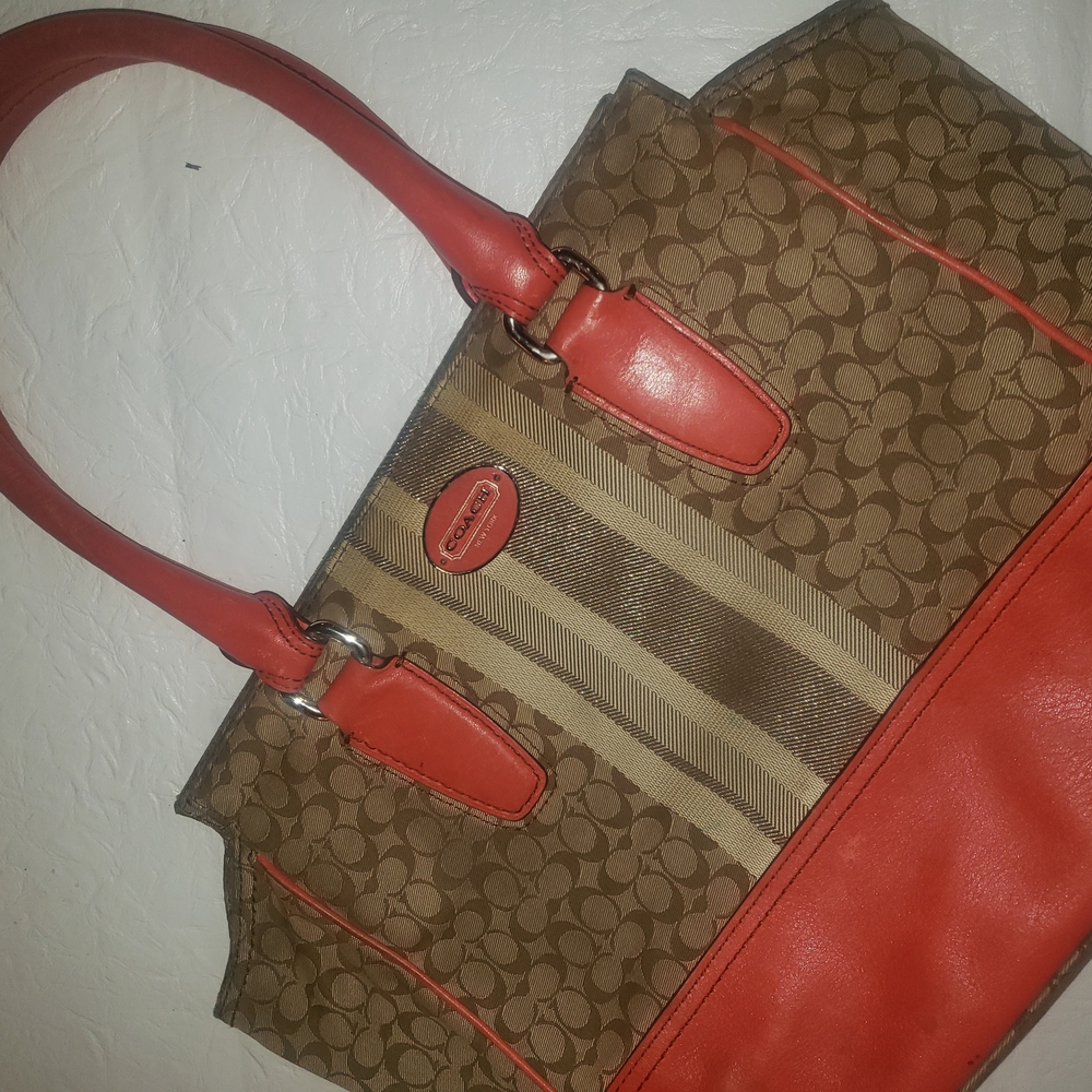 Coach Brown and Red Signature Tote Bag